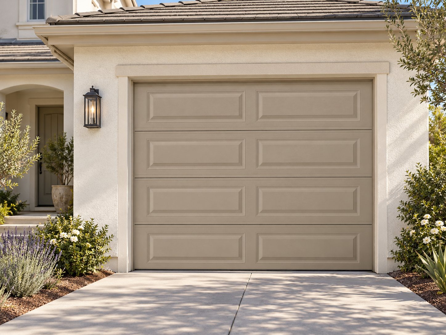 Traditional steel long panel garage door